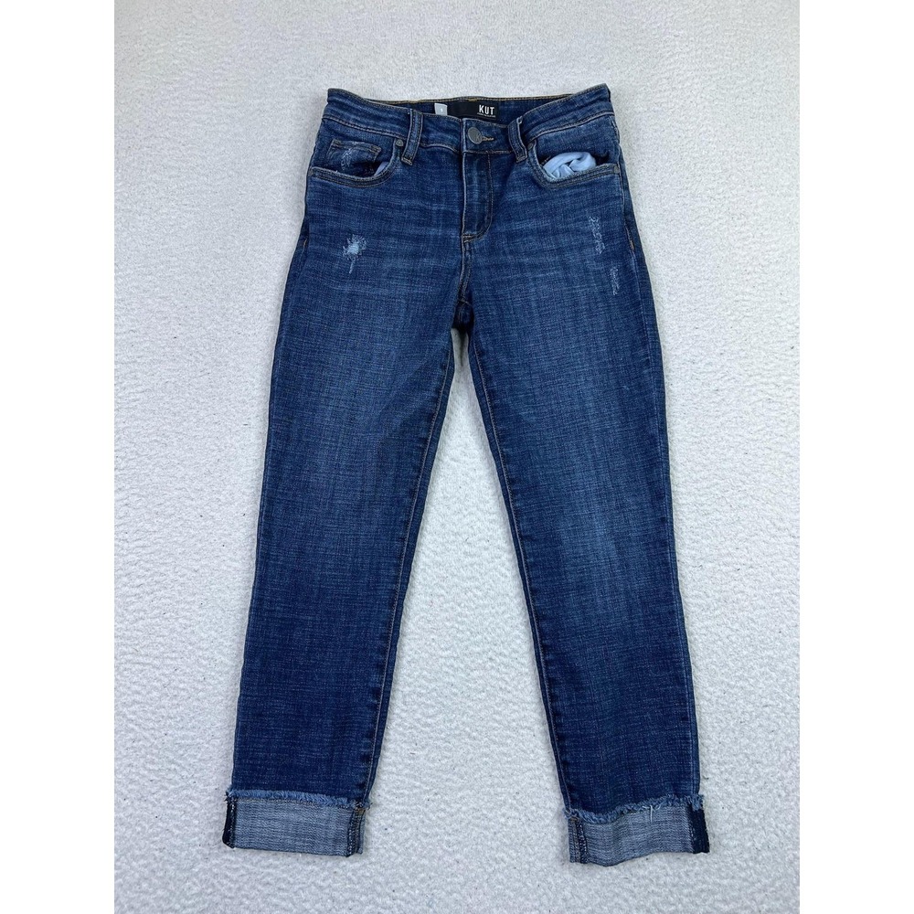 KUT From The Kloth Amy Jeans Womens 0 Blue Crop Straight Leg Distressed Raw Hem